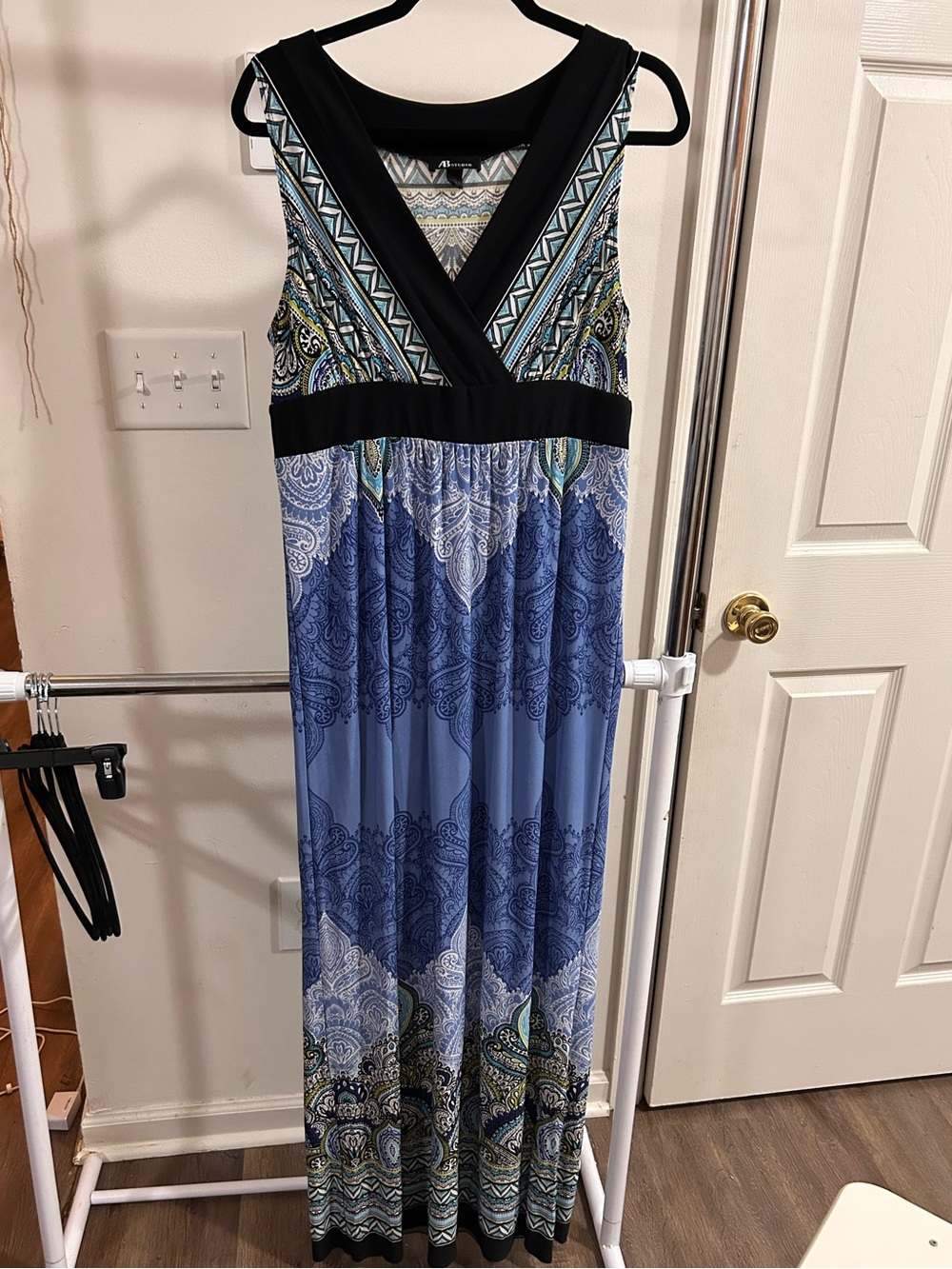 AB Studio Black-Trim Blue Printed Maxi Dress